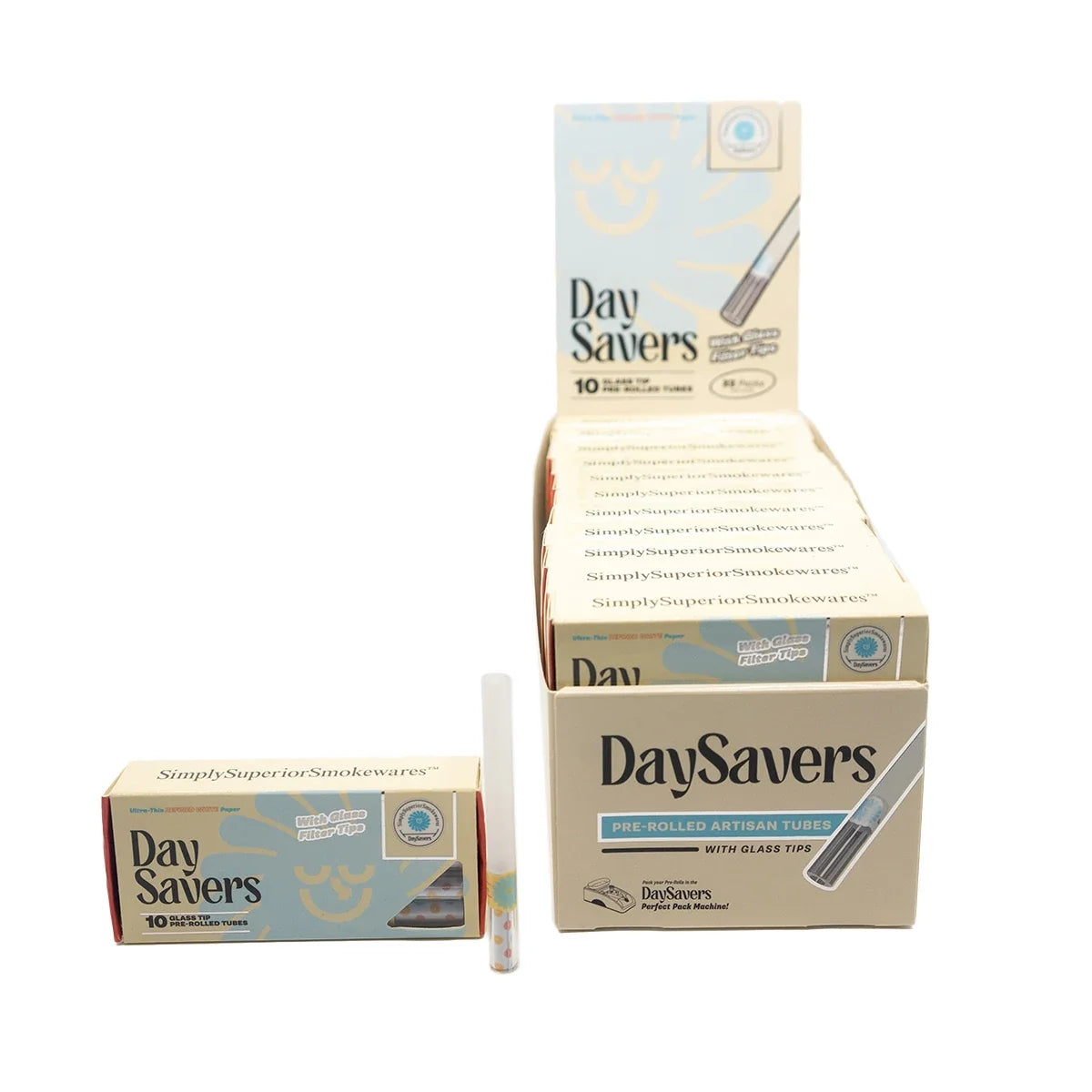 DaySavers Wholesale 84mm Glass Tip Artisan Tubes White 10 Pack 22 Count Display