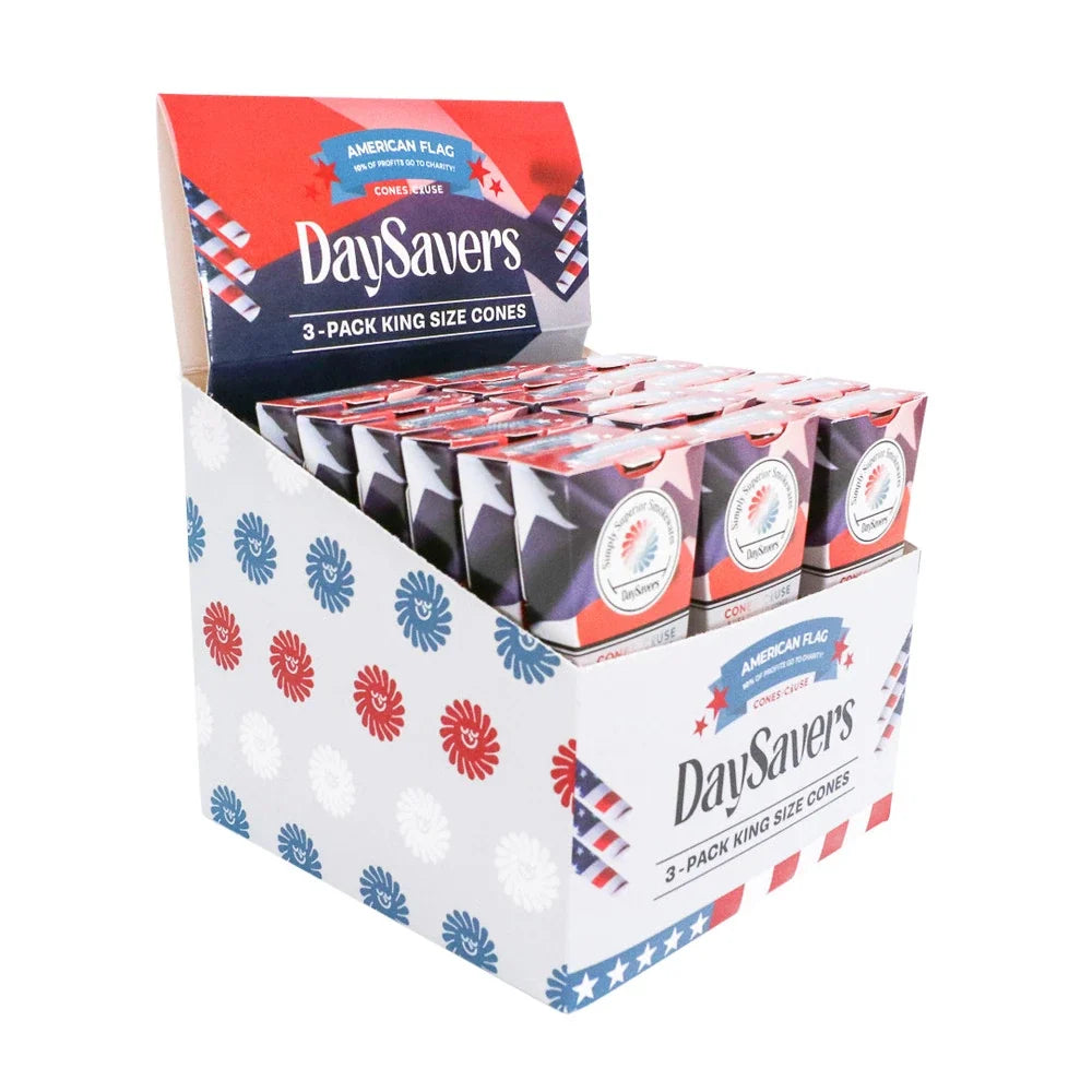 DaySavers Wholesale King Size Cones American Flag 3 Pack 24 Count Display