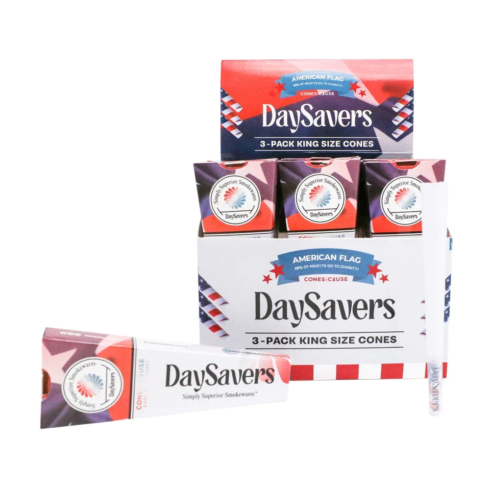 DaySavers Wholesale King Size Cones American Flag 3 Pack 24 Count Display