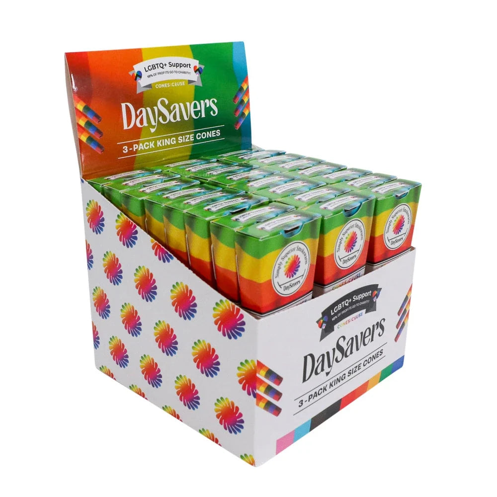 DaySavers Wholesale King Size Cones Rainbow Pride Flag 3 Pack 24 Count Display