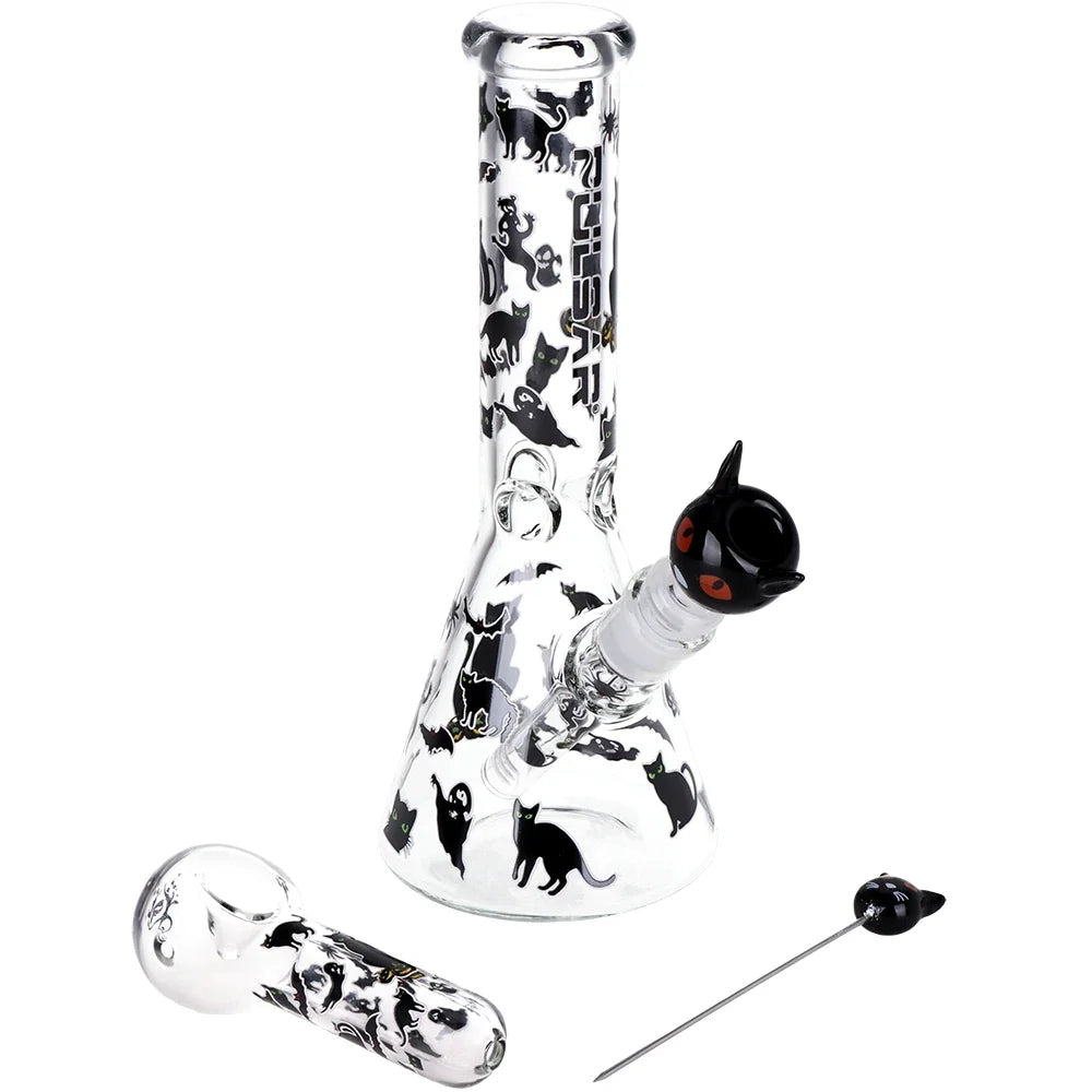 Pulsar Superstitious Kitty Glow Bong Hand Pipe Bundle